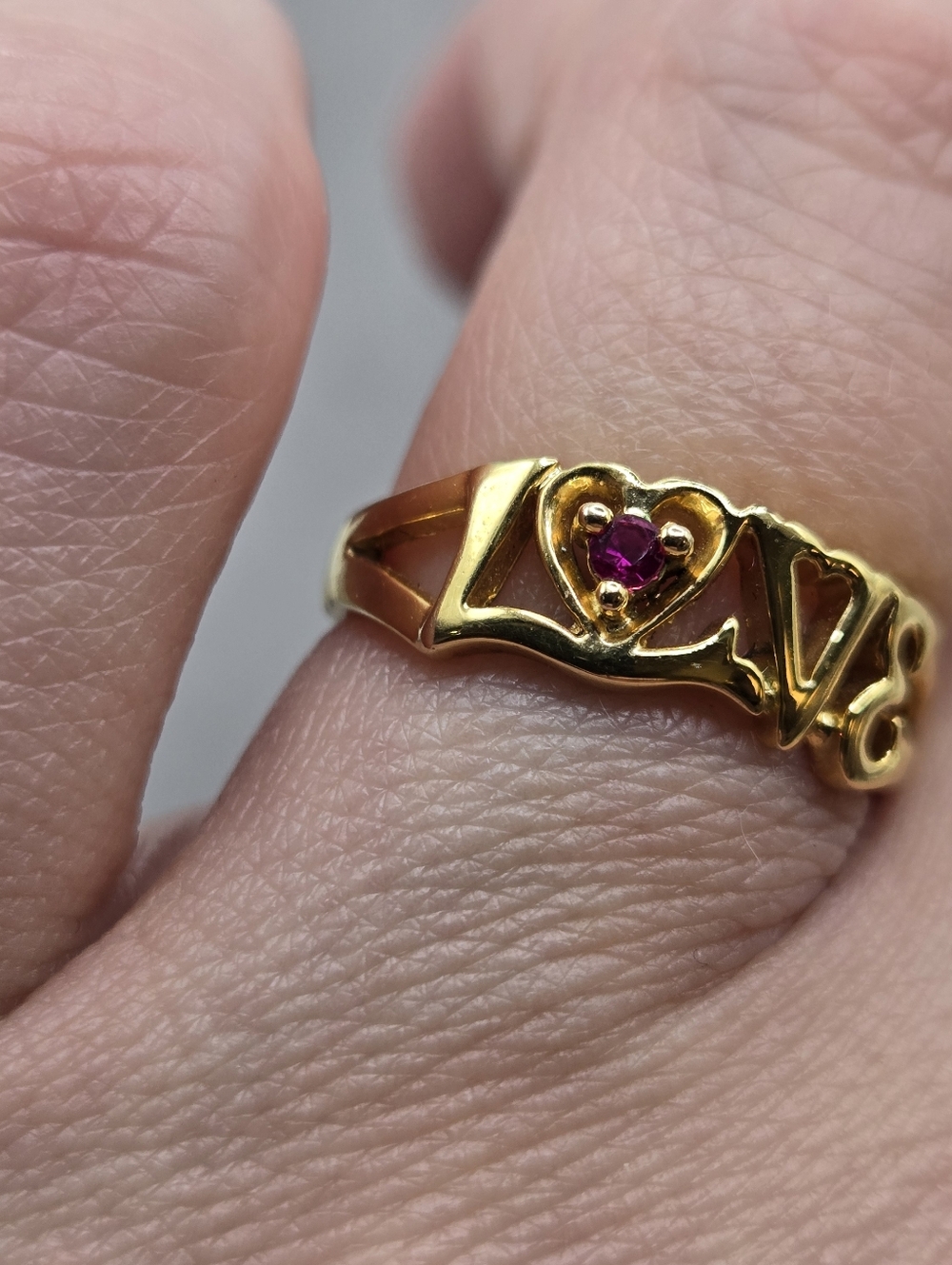 Gold Love Script Ring with Pink Gem - Picture 4 of 7